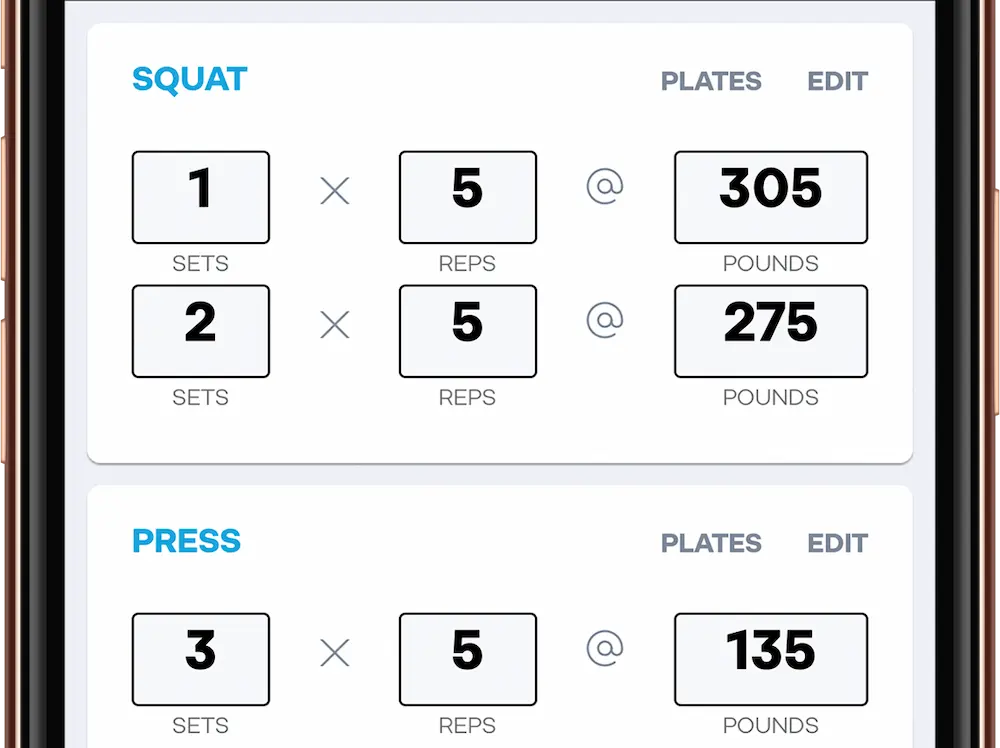 Starting Strength app logbook screen showing squat and press workout details