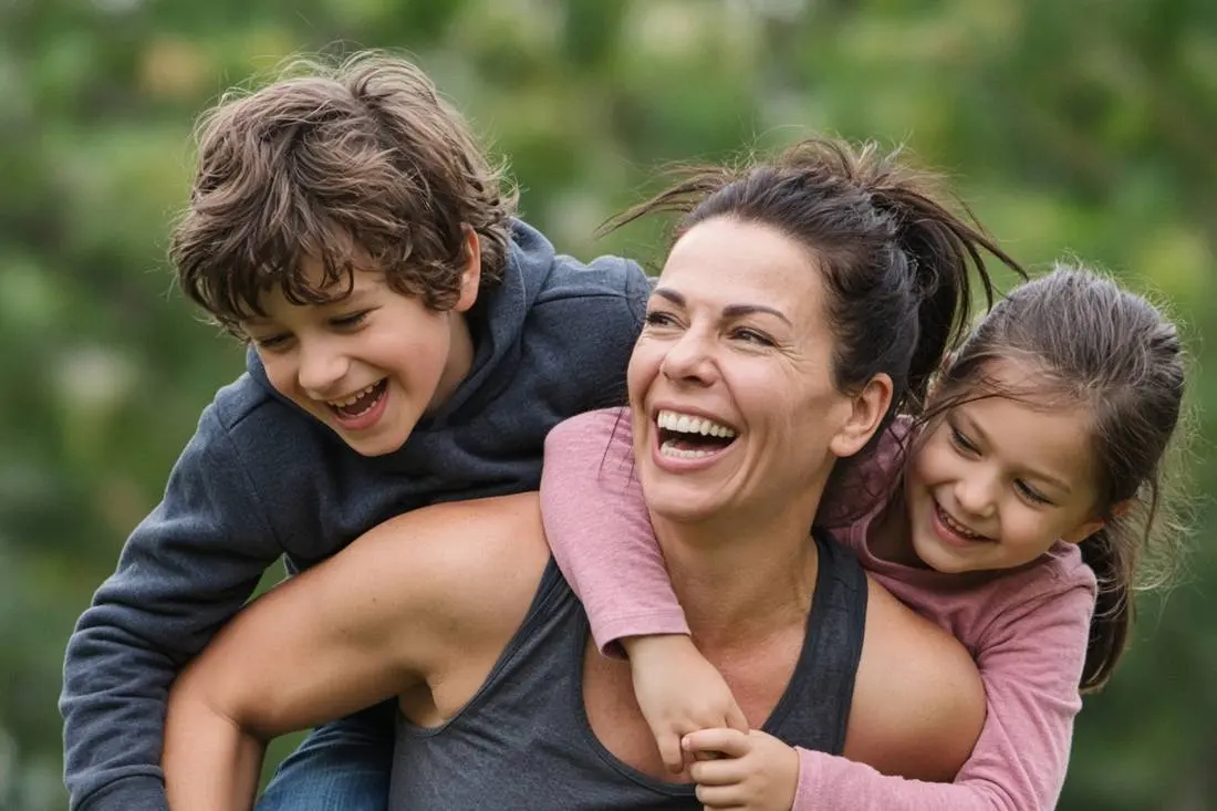 A laughing mother carries both of her kids on her back in the park